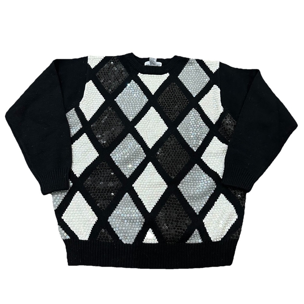 Vintage Alfred Dunner Sequin Sweater Diamond Patterns Black & White Size Medium
